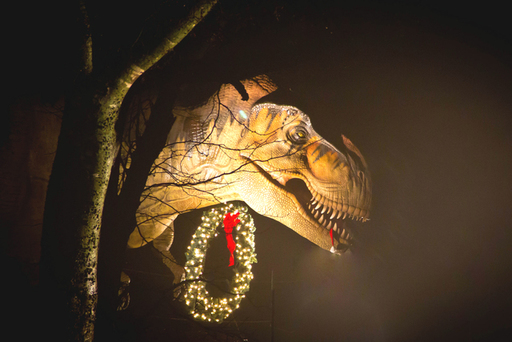 Dinosaurs along lighted trail