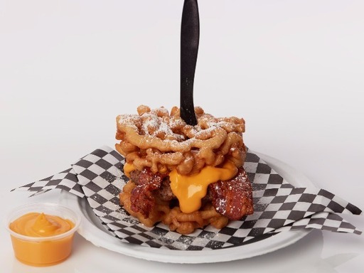 Funnel Cake Bacon Queso Burger - Photo taken from
